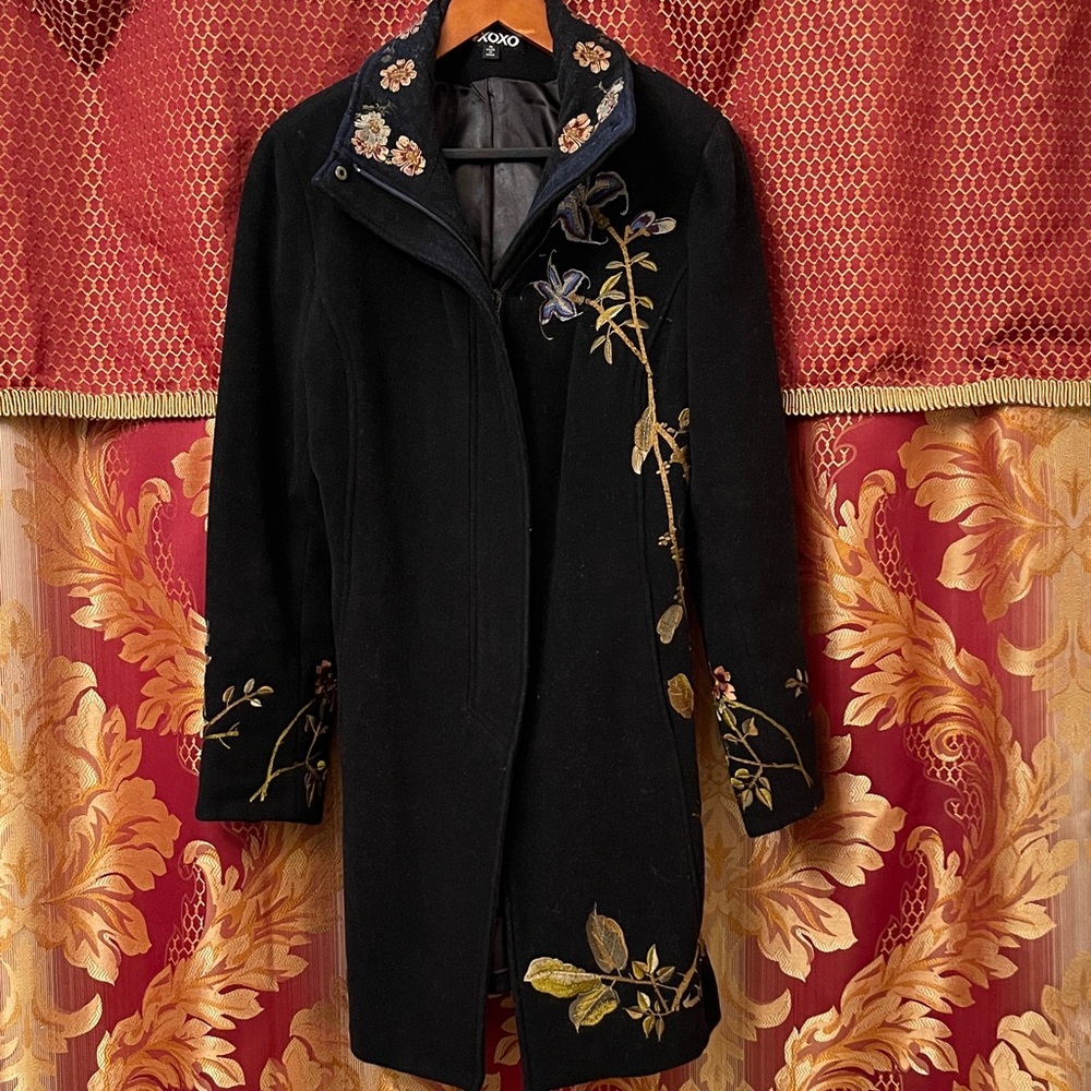 XOXO Black Coat with Floral Embroidery